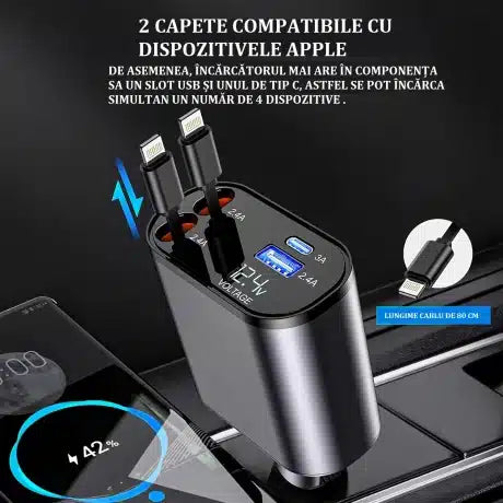 Încărcător Auto Retractabil 4 în 1 cu Afișaj Voltaj Baterie, Cabluri 80cm