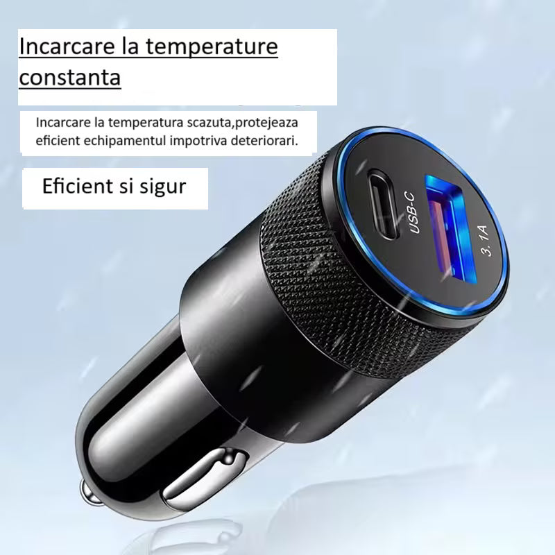 Încărcător Auto Super Fast Charge 48W, USB-C PD 30W + USB-A QC 3.0, 2 Porturi