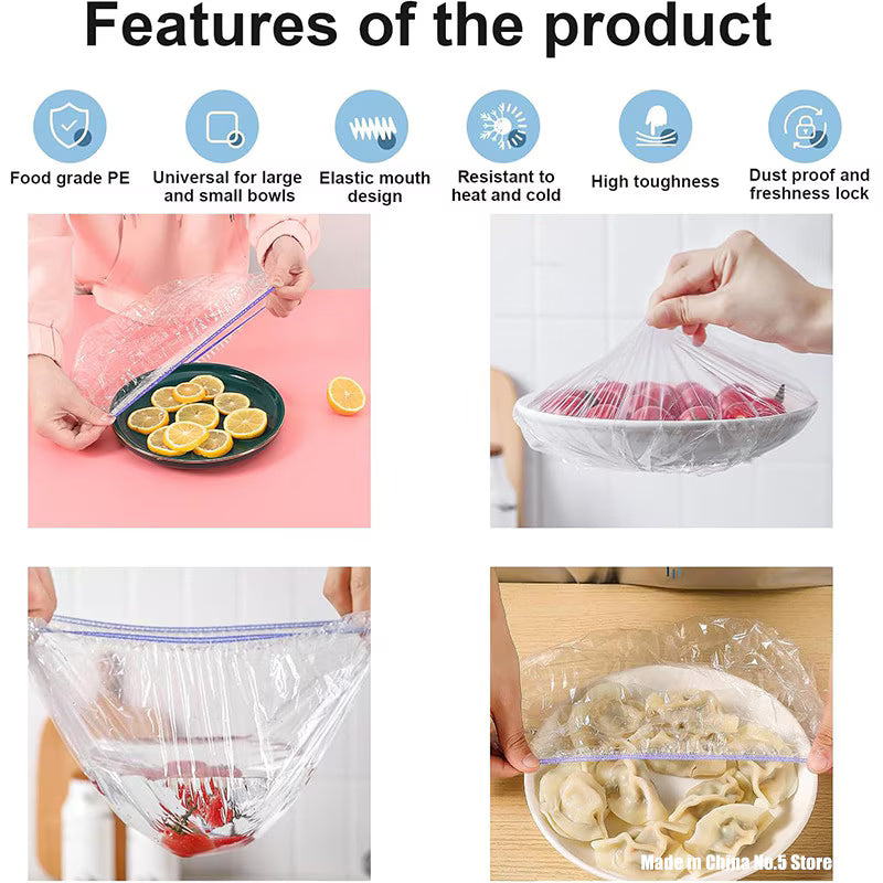 Set 100 Folii Alimentare cu Elastic, Pungi Reutilizabile pentru Alimente, Transparent