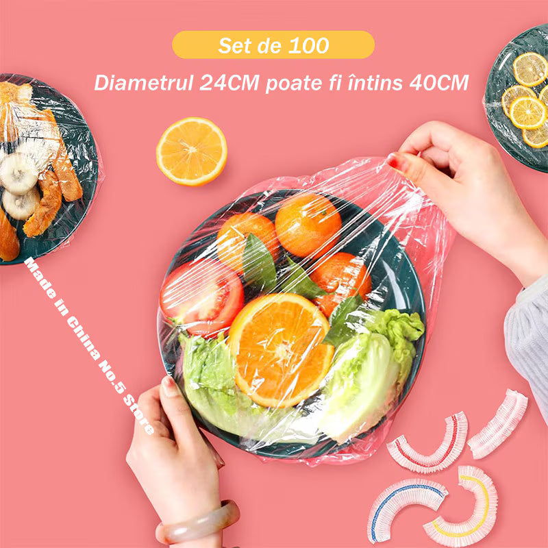 Set 100 Folii Alimentare cu Elastic, Pungi Reutilizabile pentru Alimente, Transparent