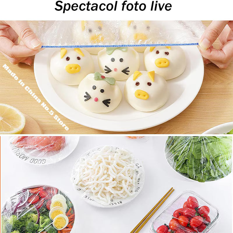Set 100 Folii Alimentare cu Elastic, Pungi Reutilizabile pentru Alimente, Transparent