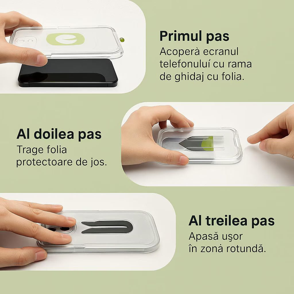 Folie Sticlă pentru iPhone și Samsung – Se Aplică Singură cu Rama Inclusă, Fără Bule, în 2 Minute