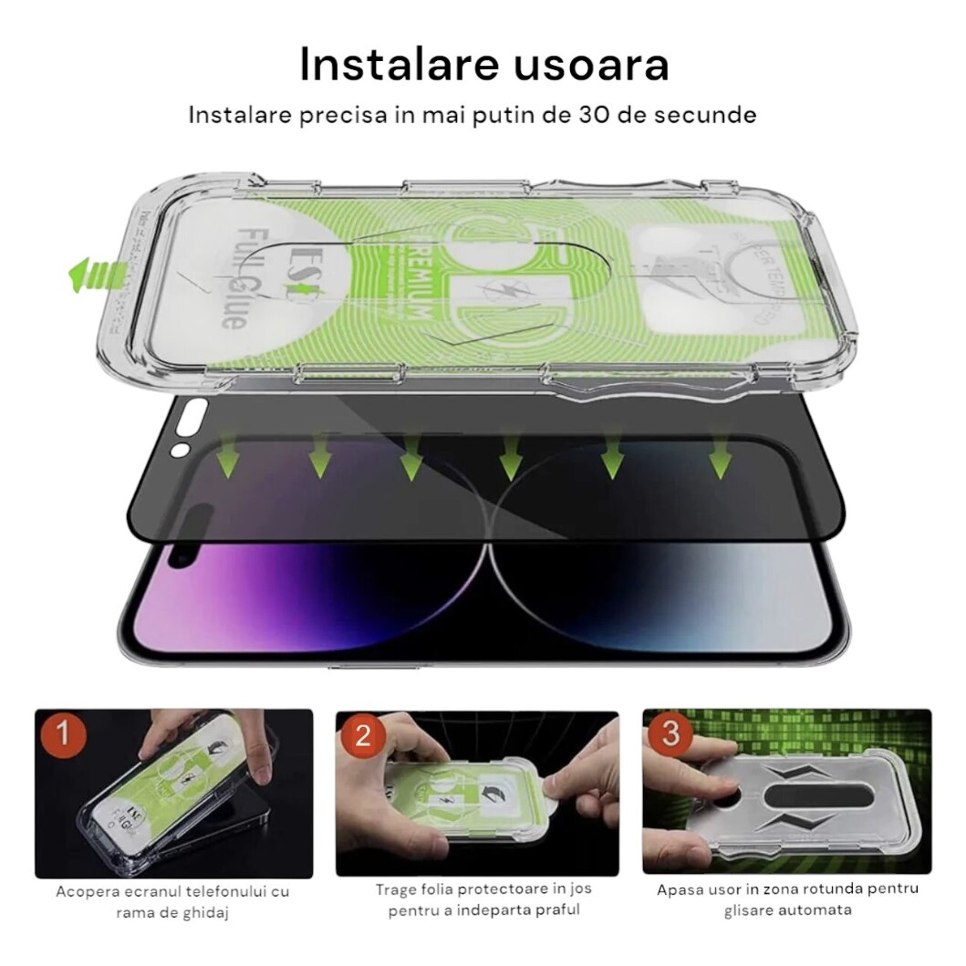Folie Sticlă Privacy pentru iPhone și Samsung – Nimeni Nu-ți Mai Vede Ecranul, Se Aplică Singură
