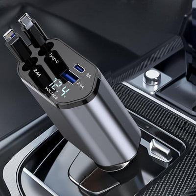 Încărcător Auto Retractabil 4 în 1 cu Afișaj Voltaj Baterie, Cabluri 80cm