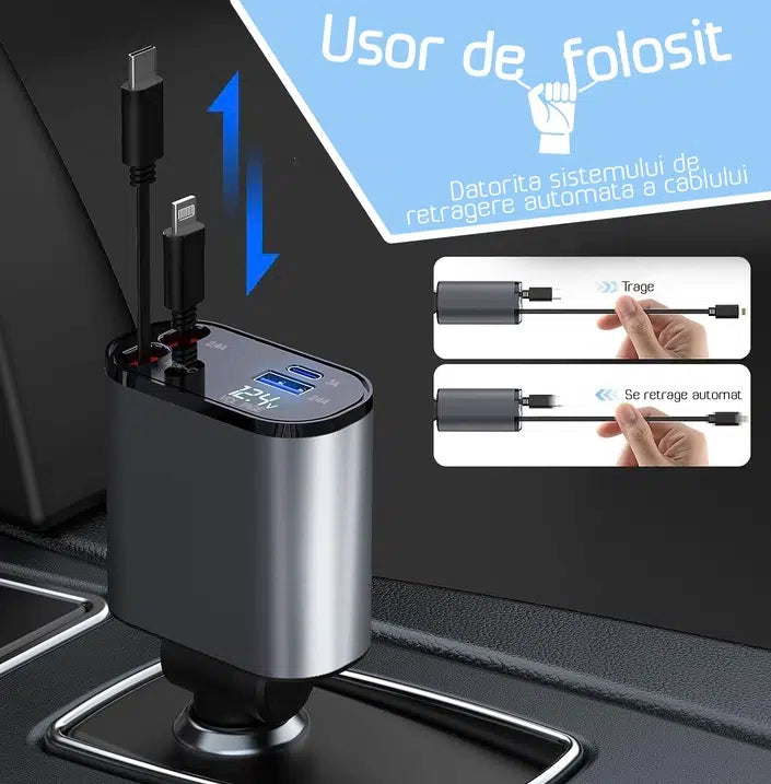 Încărcător Auto Retractabil 4 în 1 cu Afișaj Voltaj Baterie, Cabluri 80cm