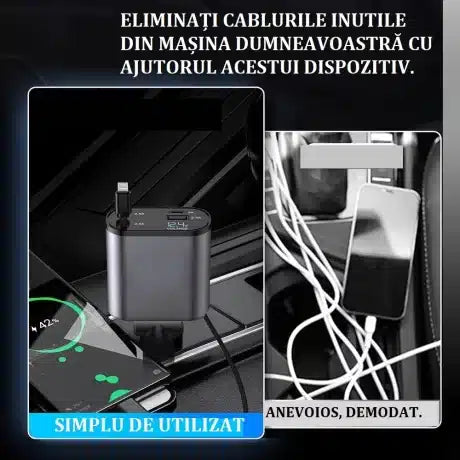 Încărcător Auto Retractabil 4 în 1 cu Afișaj Voltaj Baterie, Cabluri 80cm