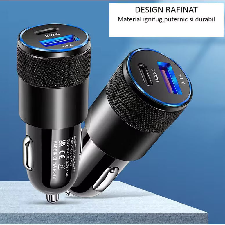 Încărcător Auto Super Fast Charge 48W, USB-C PD 30W + USB-A QC 3.0, 2 Porturi