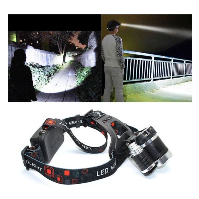 Lanternă Frontală 3 LED Cree XML-T6, 6000 Lumeni, 2 Acumulatori 18650