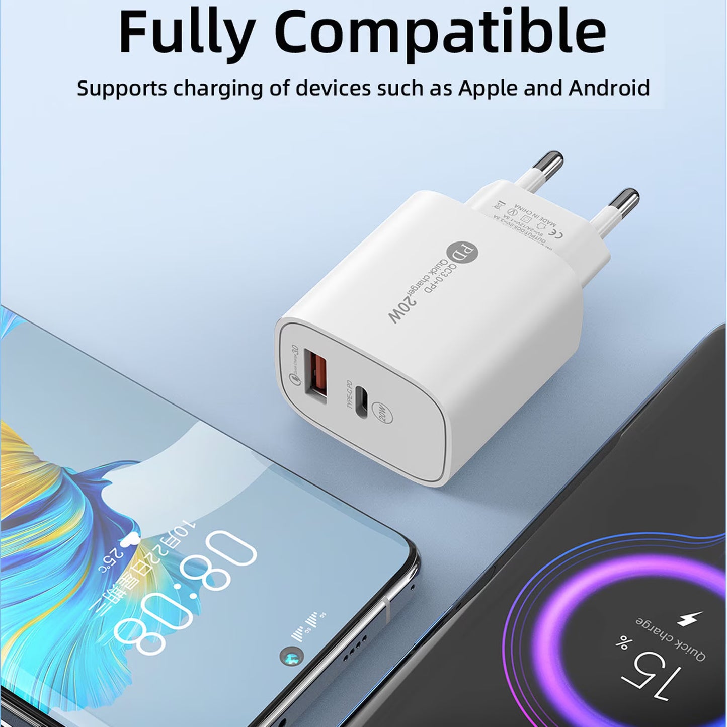 Încărcător Priză Rapid 20W, 2 Porturi USB-C + USB, Alb