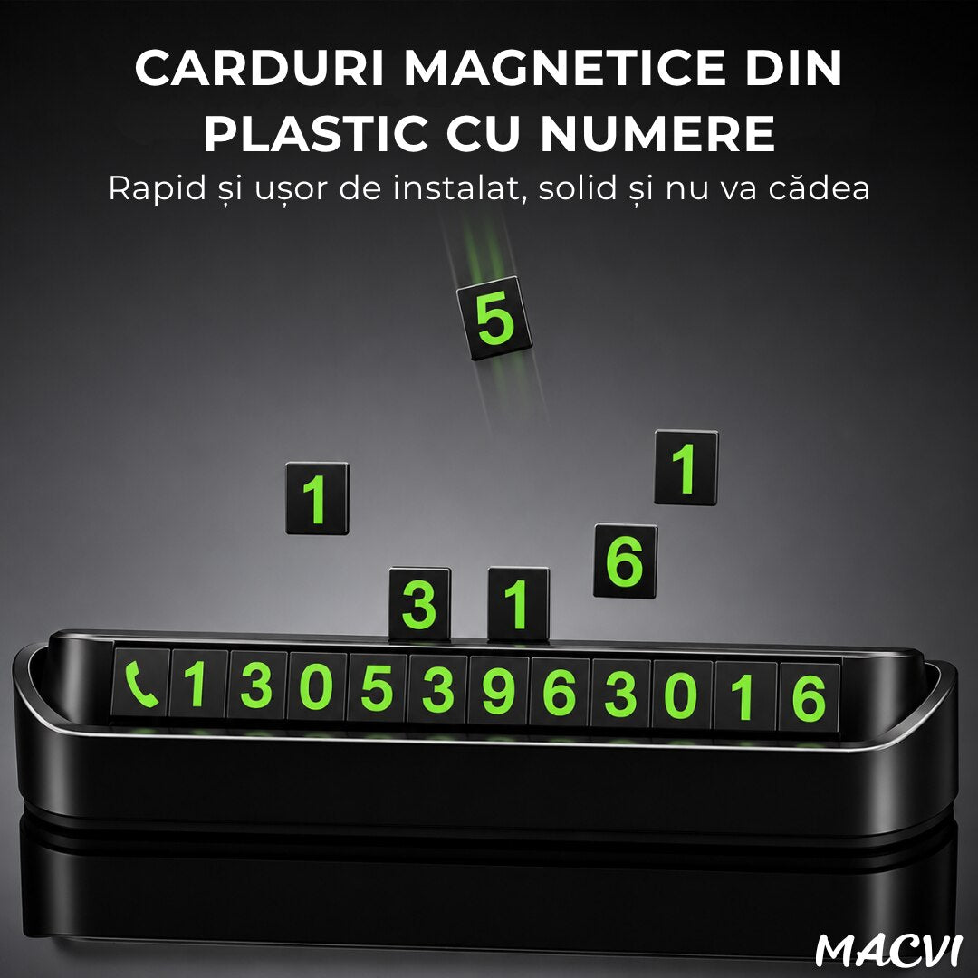 Suport Telefon Auto Retractabil Magnetic pentru Bord, cu Afișaj Număr Parcare Temporară